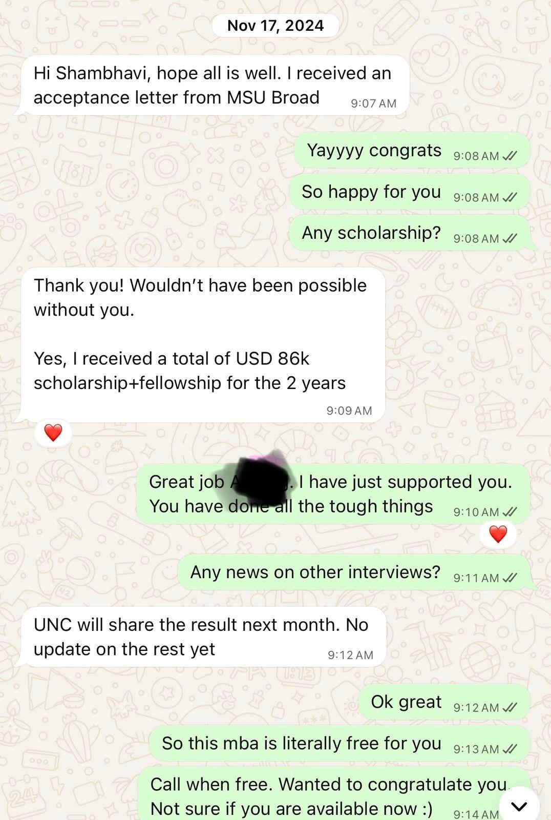 WhatsApp message: MSU Broad admit with scholarship